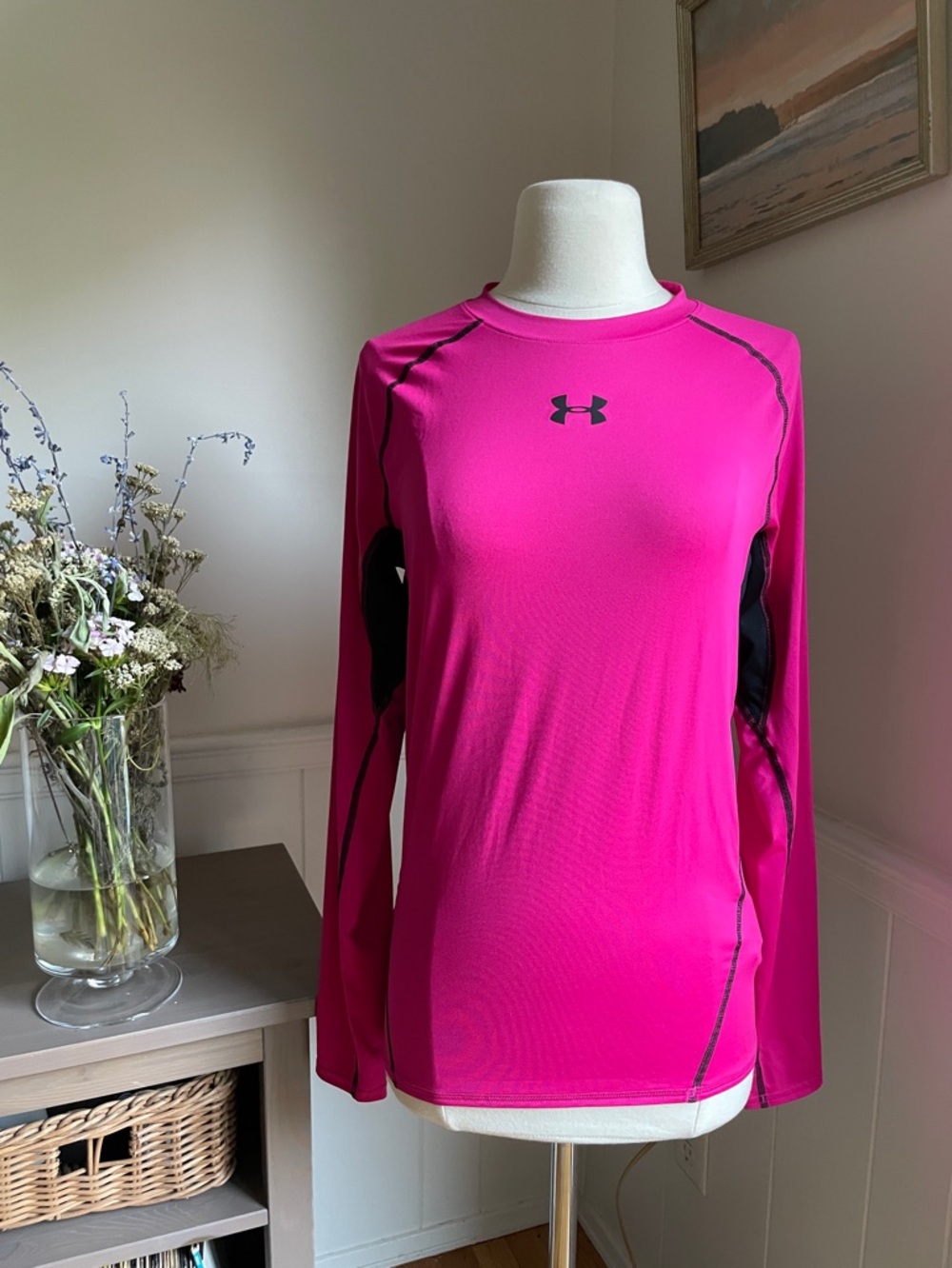 Under Armour Hot Pink Long Sleeve Performance Top with Black Accents